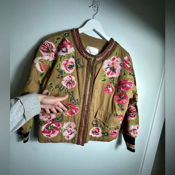 Anthropologie Floral Embroidered Boho Bomber Jacket Size XS - Picture 9 of 15